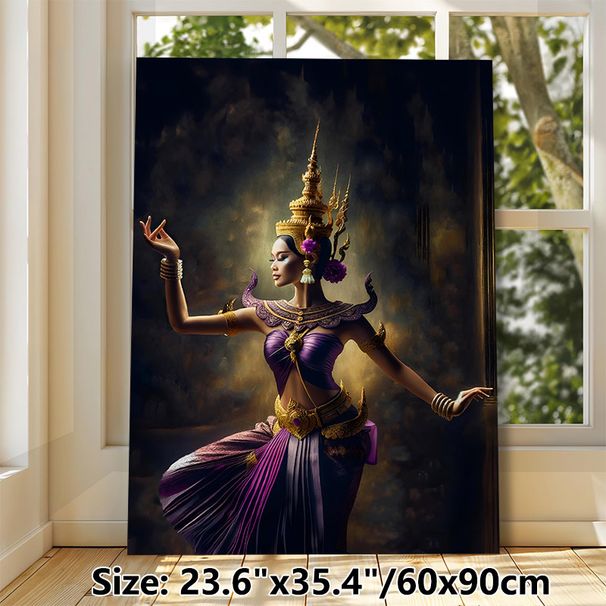 Traditional Southeast Asian Dancer Painting Poster, Exquisite Mystical Dark-toned Poster, Ornate Golden & Purple Costumed Dancer Artwork With Cultural_maomaolike.com