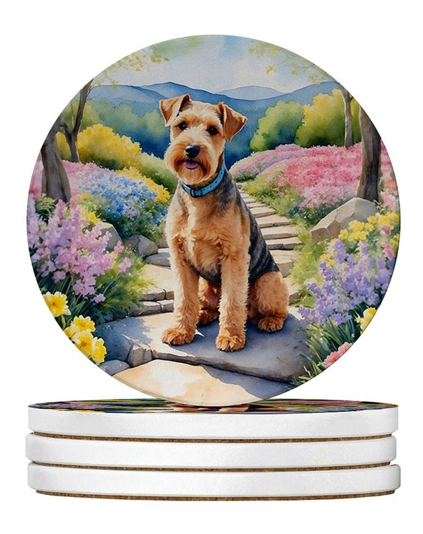 Lakeland Terrier Spring Path Large Sandstone Coasters Pack Of 4 Absorbent Round Coasters Decor Gifts For Men Or Women, 4 In, Multicolor_maomaolike.com