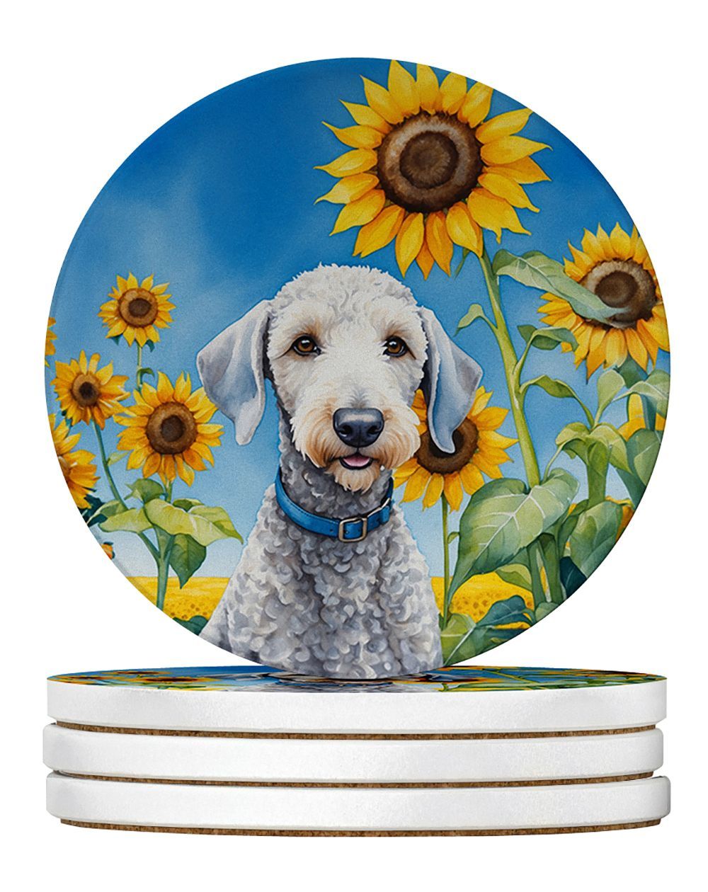 Bedlington Terrier In Sunflowers Large Sandstone Coasters Pack Of 4 Absorbent Round Coasters Decor Gifts For Men Or Women, 4 In, Multicolor_maomaolike.com