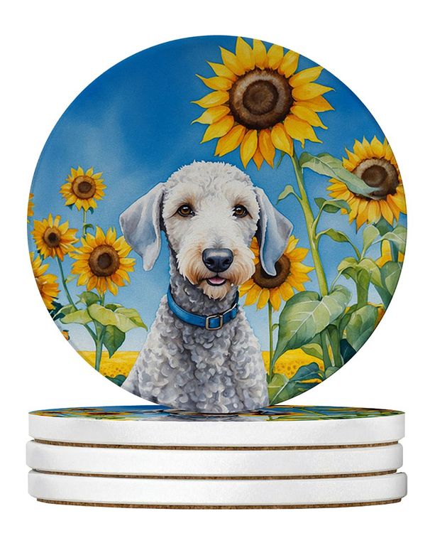 Bedlington Terrier In Sunflowers Large Sandstone Coasters Pack Of 4 Absorbent Round Coasters Decor Gifts For Men Or Women, 4 In, Multicolor_maomaolike.com