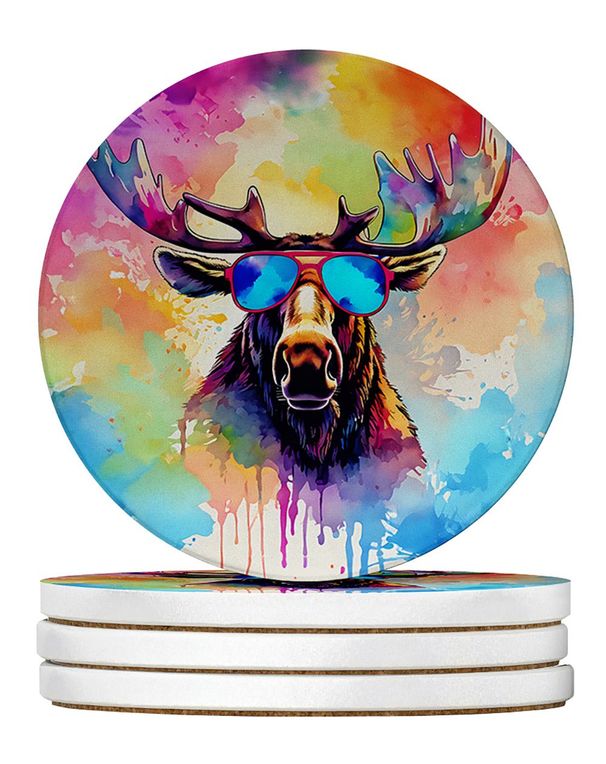 Hippie Animal Moose Large Sandstone Coasters Pack Of 4 Absorbent Round Coasters Decor Gifts For Men Or Women, 4 In, Multicolor_maomaolike.com