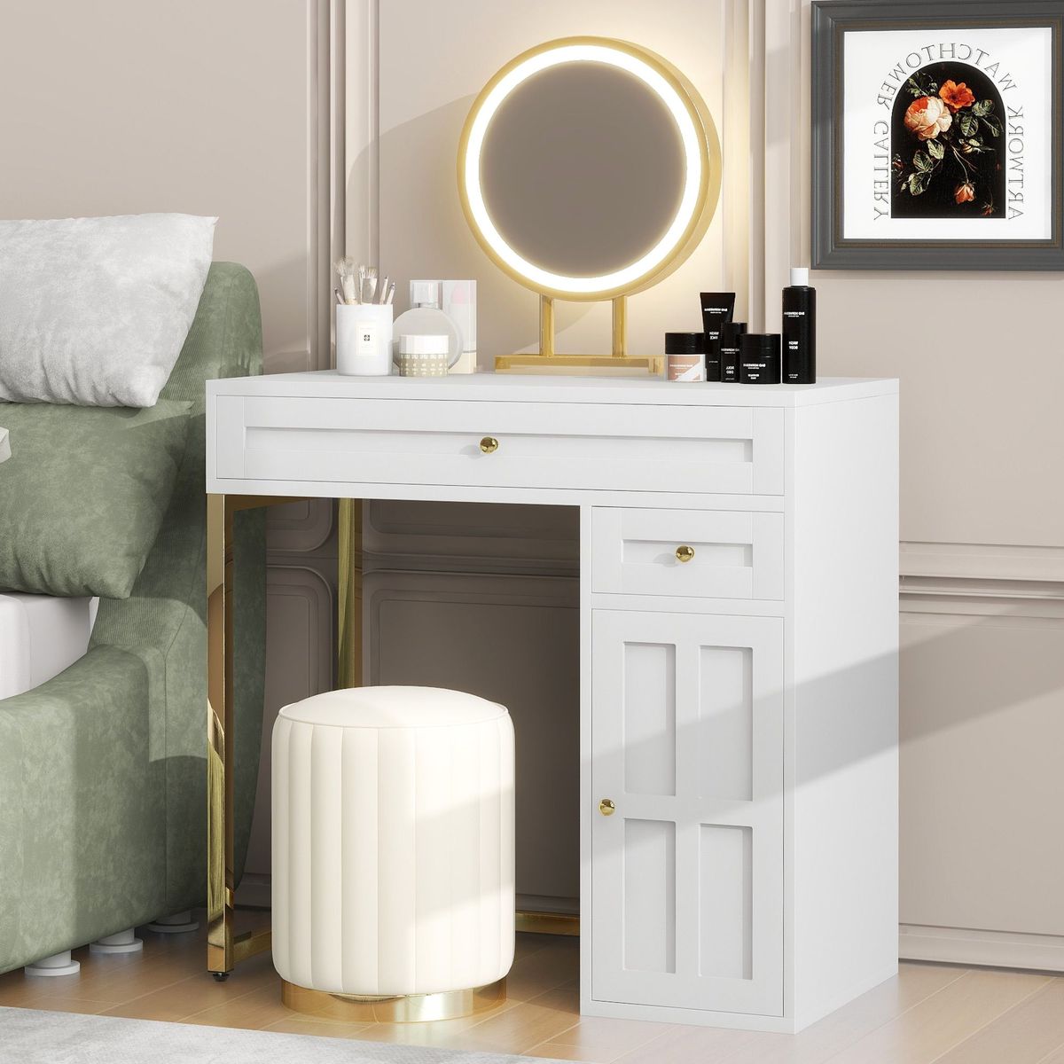 31.5" Makeup Vanity Desk With Lighted Mirror, Luxury Dressing Table With 2 Drawers And 1 Cabinet, 3 Lighting Modes Available For Bedroom, White-Gold_maomaolike.com
