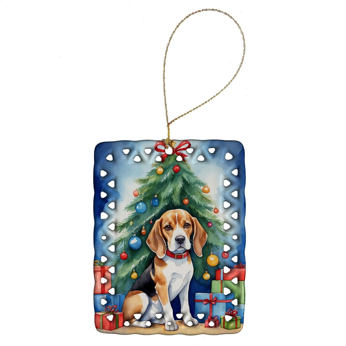 Beagle Christmas Reindeer Porcelain Ornament Christmas Tree Hanging Decorations For Home Christmas Holiday, Rectangle, Gift, Multicolor_maomaolike.com