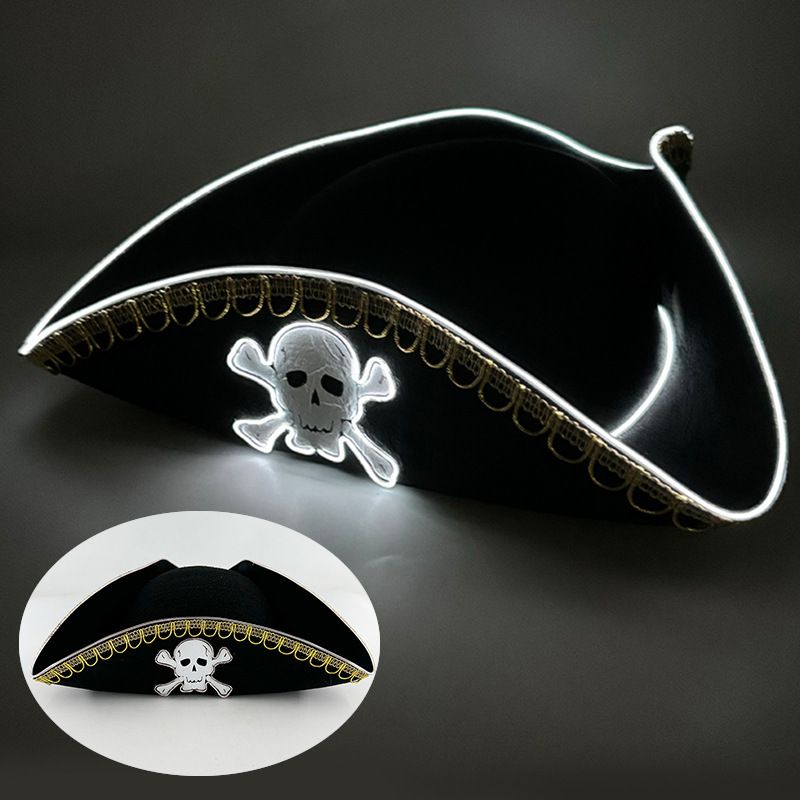 Halloween Cos Performance Costume Props Caribbean Gold Edge Pirate Captain Hat LED Luminous Skull Pirate Hat_maomaolike.com