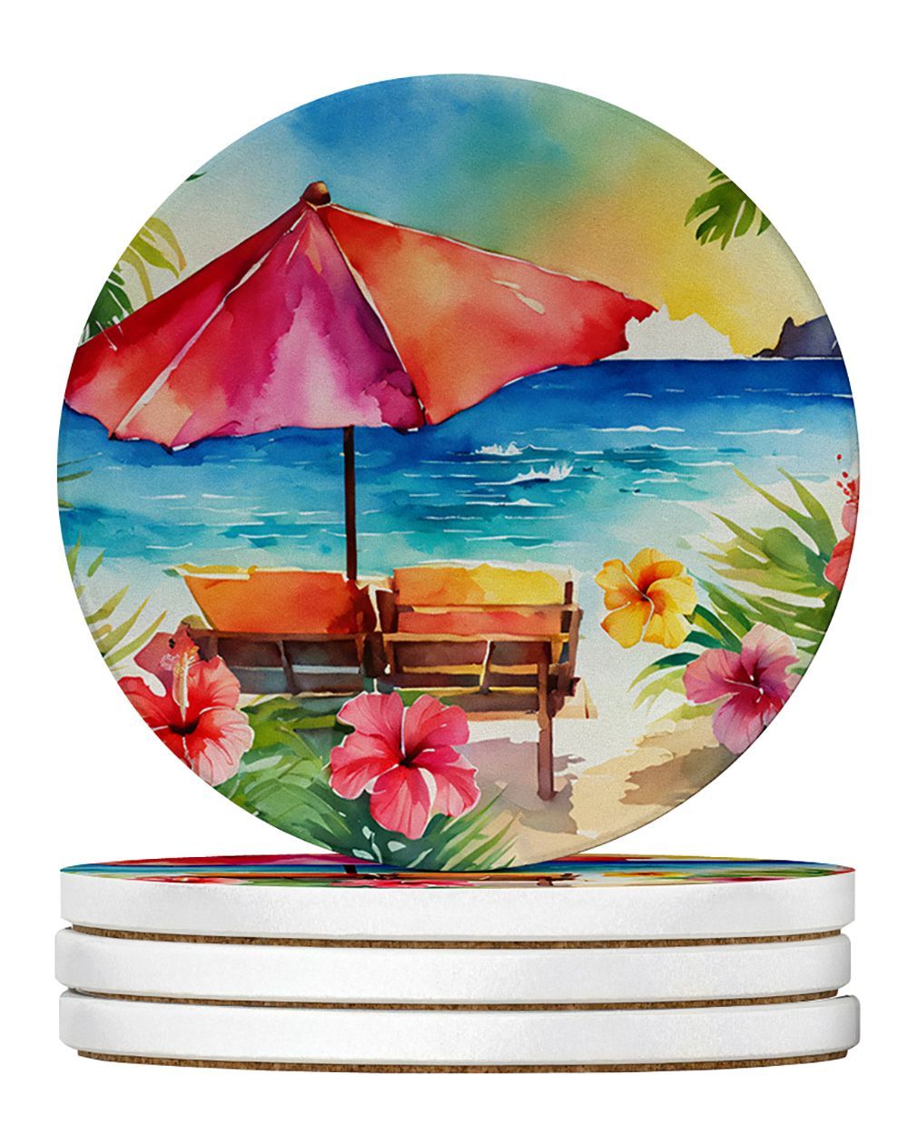 Hawaii Hawaiian Hibiscus In Watercolor Large Sandstone Coasters Pack Of 4 Absorbent Round Coasters Decor Gifts For Men Or Women, 4 In, Multicolor_maomaolike.com