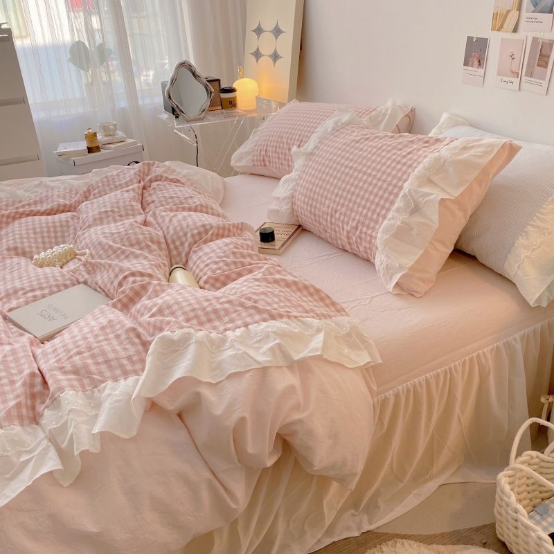 Wholesale INS Korean Cream Plaid Pure Four-Piece Full Princess Style Double Layer Lace Washed Cotton 4-Piece Set_maomaolike.com