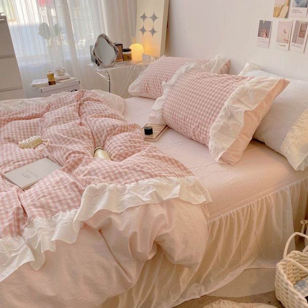 Wholesale INS Korean Cream Plaid Pure Four-Piece Full Princess Style Double Layer Lace Washed Cotton 4-Piece Set_maomaolike.com