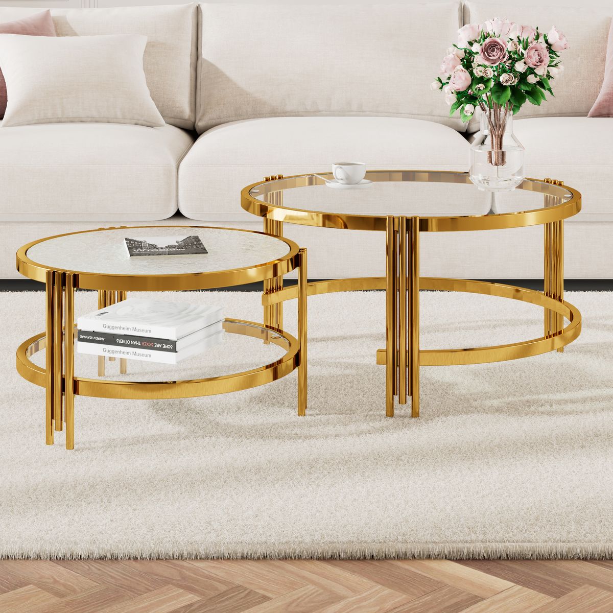 Modern 2 - Piece Gold Finish With Textured Glass Coffee Table Set, Nesting Coffee Table With Tempered Glass For Living Room, 32.75_maomaolike.com