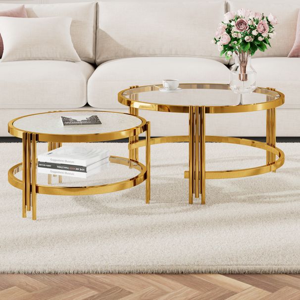 Modern 2 - Piece Gold Finish With Textured Glass Coffee Table Set, Nesting Coffee Table With Tempered Glass For Living Room, 32.75_maomaolike.com