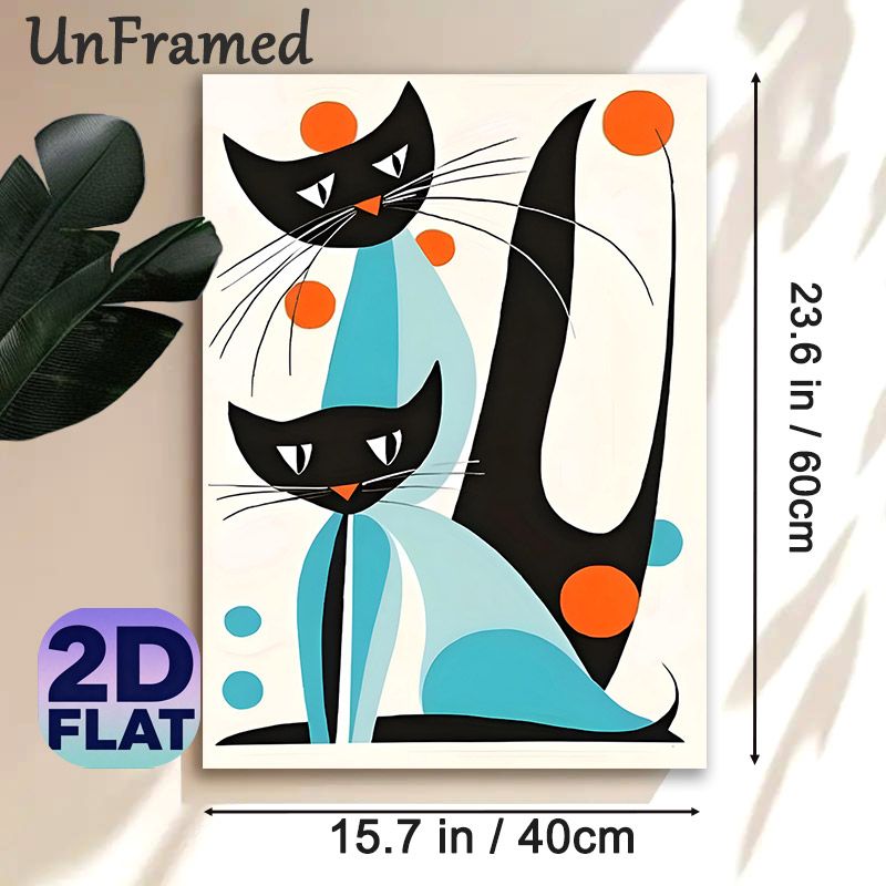 Abstract Cats Painting Poster, Stylized Mid-Century Modern Poster, Vibrant Color-blocked Twin Cat Artwork, Ideal For Living Room, Bedroom Wall Decor_maomaolike.com