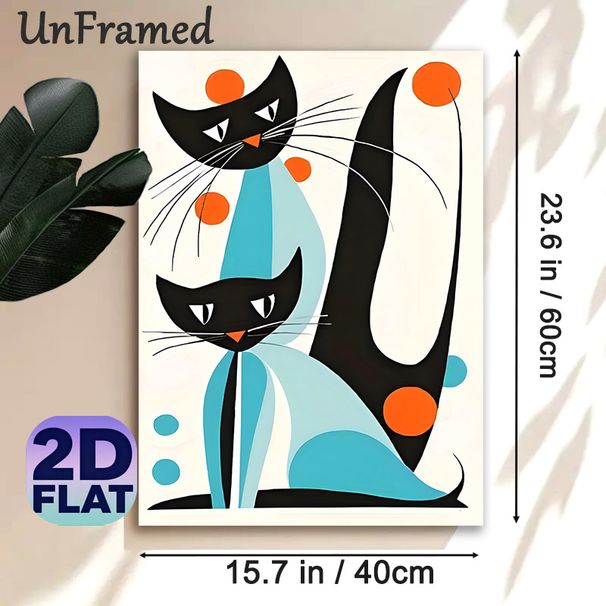 Abstract Cats Painting Poster, Stylized Mid-Century Modern Poster, Vibrant Color-blocked Twin Cat Artwork, Ideal For Living Room, Bedroom Wall Decor_maomaolike.com