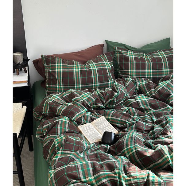 Wholesale INS Style British Retro Green Plaid Nordic Simple Pure Yarn-Dyed Washed Four-Piece All Cotton 4-Piece Set_maomaolike.com