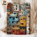 Colorful Stacked Urban Buildings Painting Poster, Weathered Rustic Dense Cityscape Poster, Brings Rich Cultural Urban Vibe Ideal For Living Room_maomaolike.com