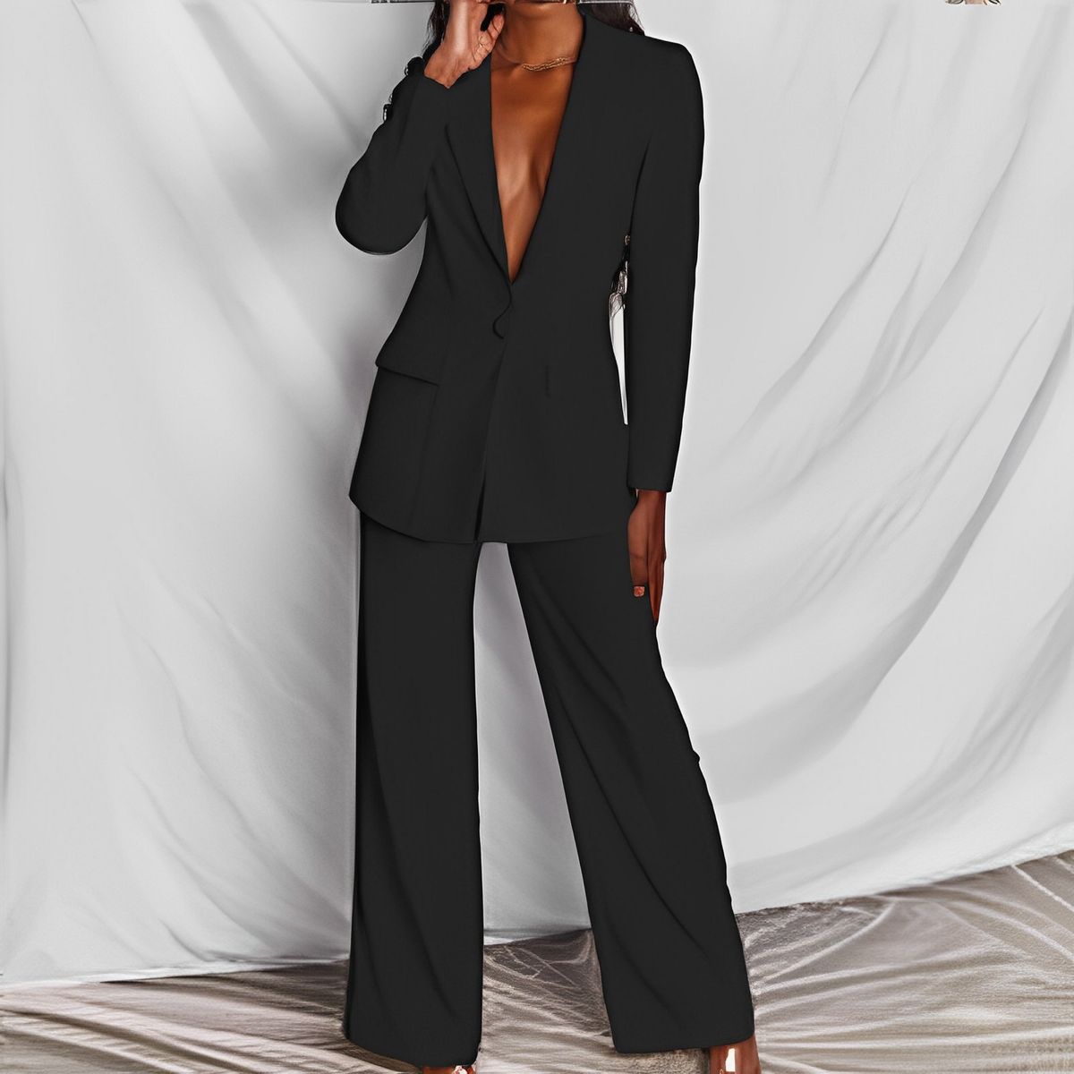 Women's fashion long sleeve suit straight trouser suit_maomaolike.com