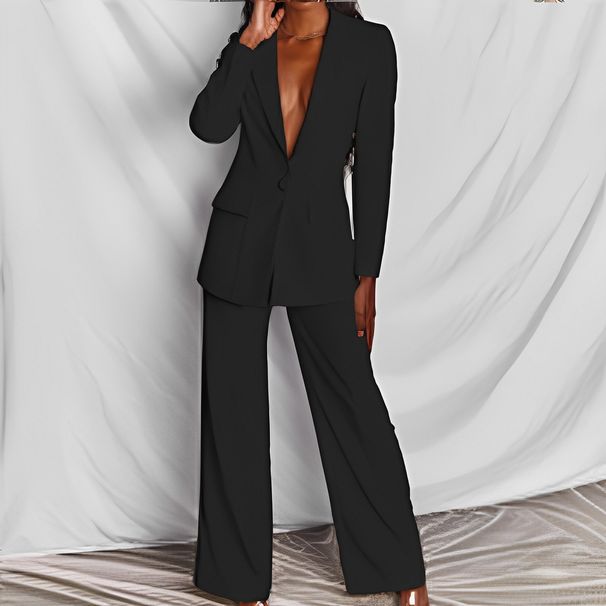 Women's fashion long sleeve suit straight trouser suit_maomaolike.com