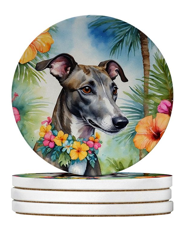 Greyhound Luau Large Sandstone Coasters Pack Of 4 Absorbent Round Coasters Decor Gifts For Men Or Women, 4 In, Multicolor_maomaolike.com