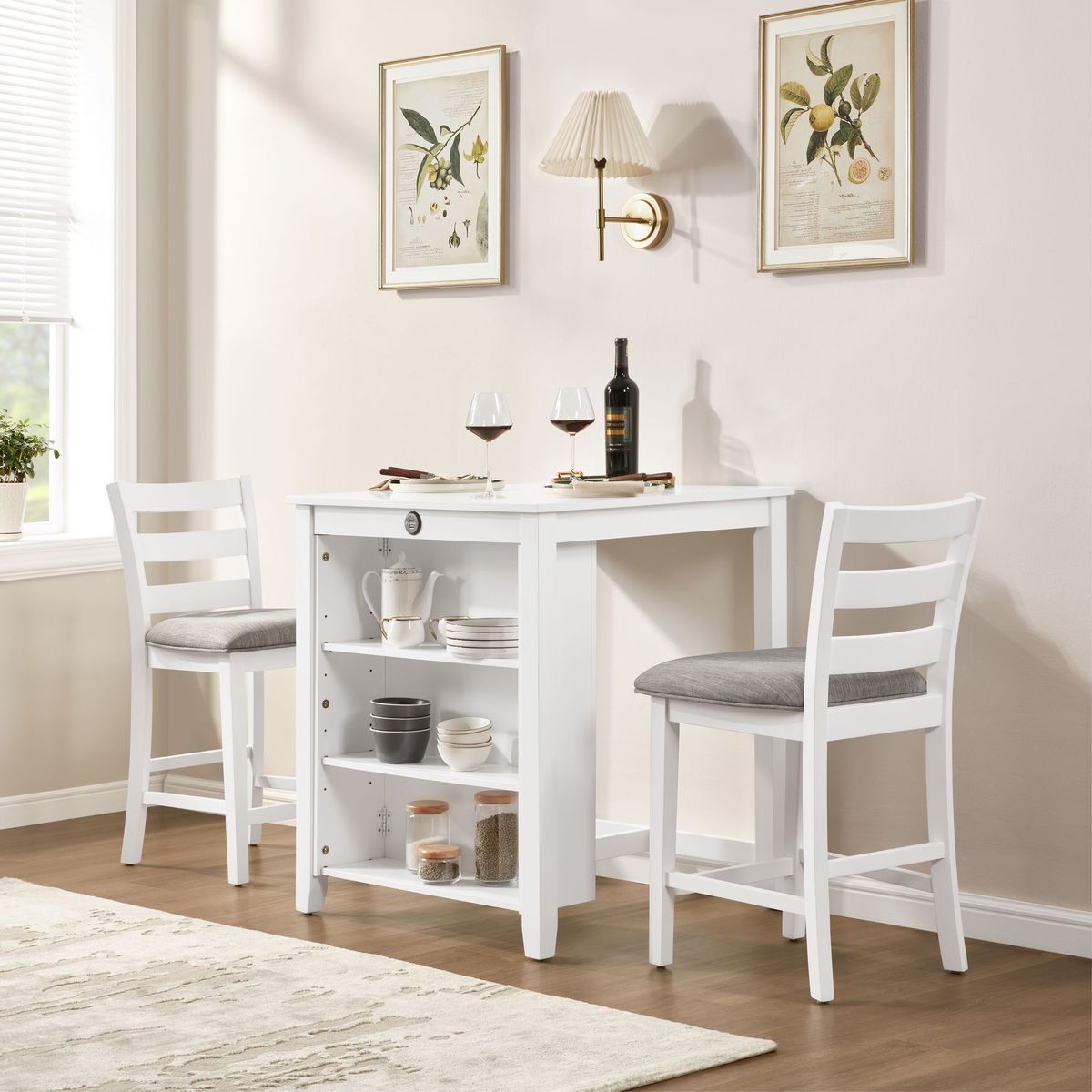 30" Modern Dining Table Set For 2 With Charging Station & 3-Tier Adjustable Storage | Space-Saving Kitchen Set With Upholstered Chairs For Small Spaces, Apartment,White_maomaolike.com