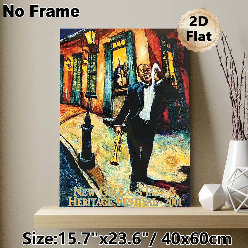 New Orleans Jazz & Heritage Festival 2001 Painting Poster, Vibrant Impressionist Style Trumpet Player Night Street Scene Poster, Authentic Jazz-themed_maomaolike.com