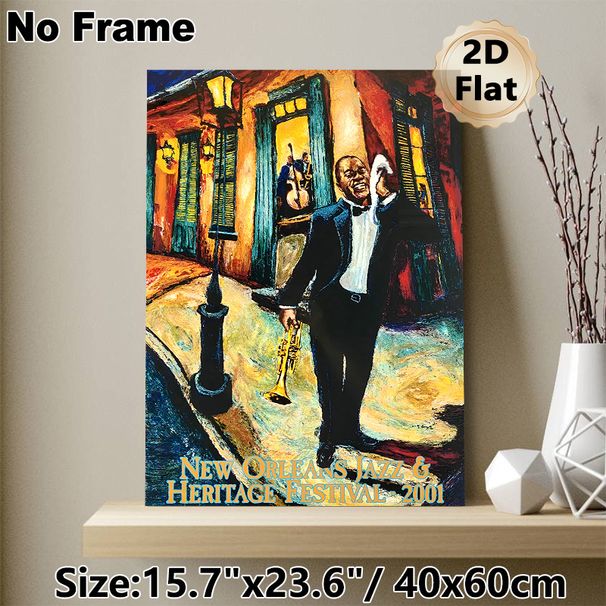 New Orleans Jazz & Heritage Festival 2001 Painting Poster, Vibrant Impressionist Style Trumpet Player Night Street Scene Poster, Authentic Jazz-themed_maomaolike.com