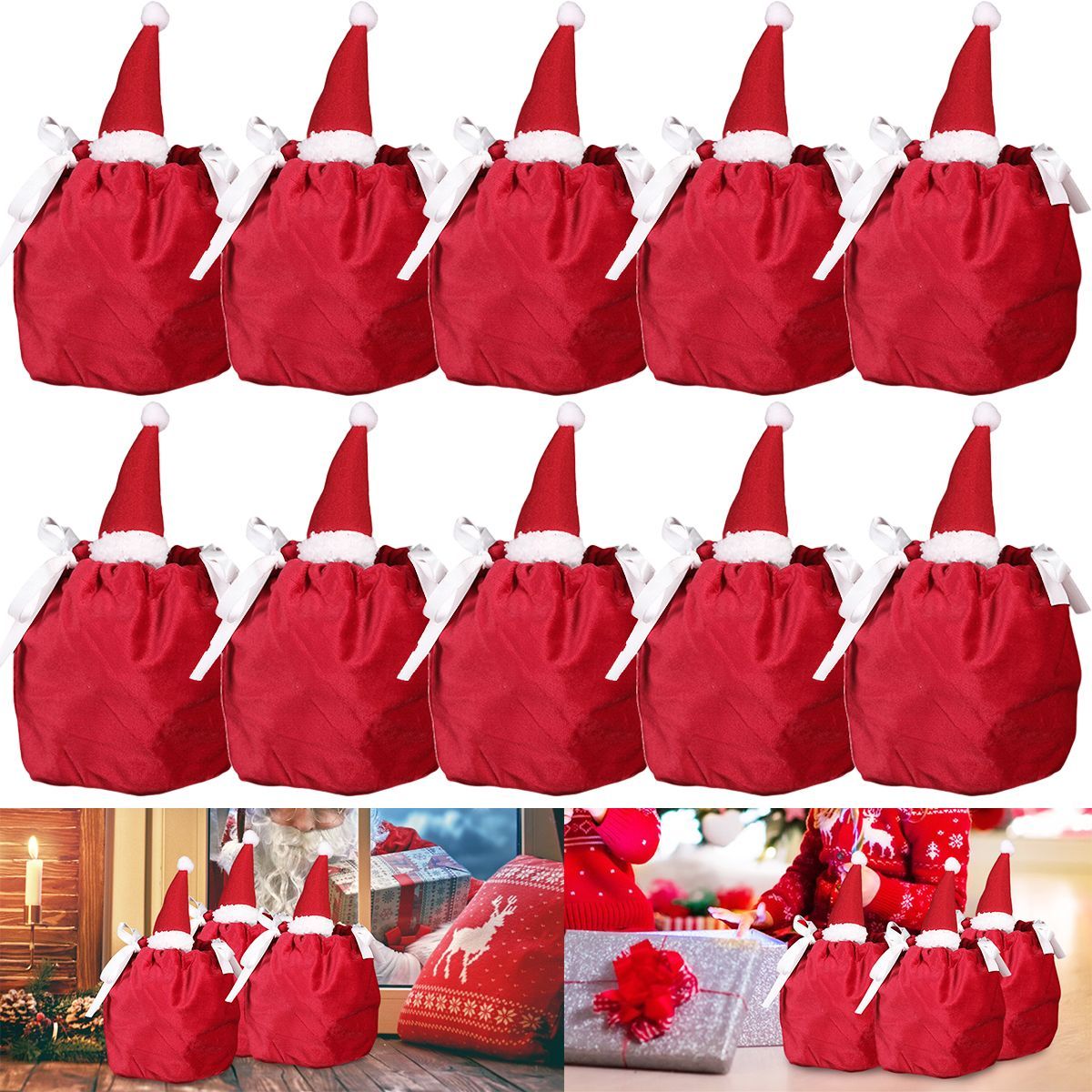 5Pcs Christmas Drawstring Bags Christmas Hat Design Flannel Gift Wrapping Bag Small Goodie Candy Snack Bag Party Favor Treat Pouch Bags For Holiday Birthday Xmas New Year Wedding Party Supplies_maomaolike.com