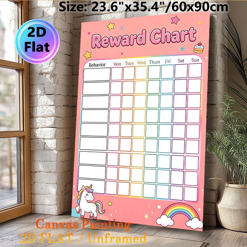 Unicorn Themed Reward Chart Painting Poster, Cute Cartoon Style Poster With Pastel Pink Background, Unicorn & Rainbow Details, Practical For Tracking_maomaolike.com