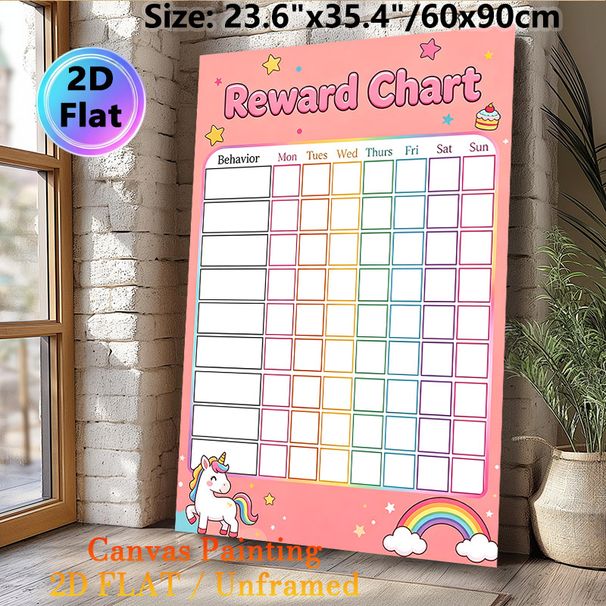 Unicorn Themed Reward Chart Painting Poster, Cute Cartoon Style Poster With Pastel Pink Background, Unicorn & Rainbow Details, Practical For Tracking_maomaolike.com