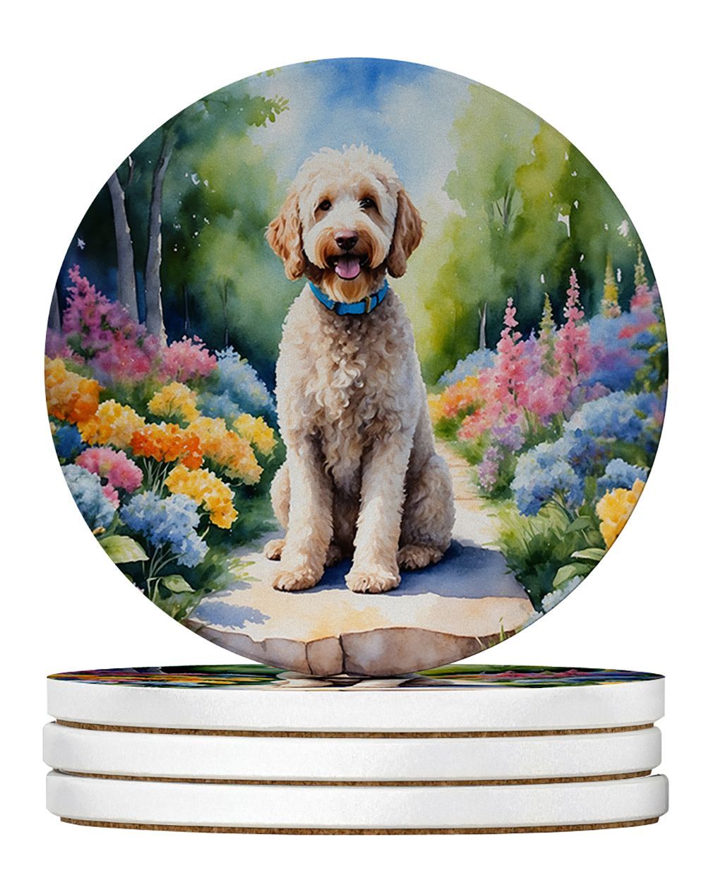 Labradoodle Spring Path Large Sandstone Coasters Pack Of 4 Absorbent Round Coasters Decor Gifts For Men Or Women, 4 In, Multicolor_maomaolike.com