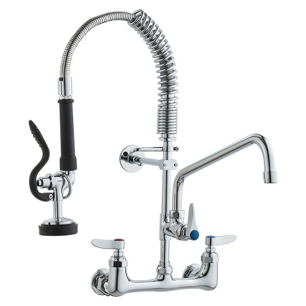 VEVOR Commercial Faucet With Pre-Rinse Sprayer, 21" Height, 8" Center, 12" Swing Spout, Wall Mount Kitchen Sink Faucet, Brass Constructed Device With Pull Down Spray, For 1/2/3 Compartment Sink_maomaolike.com