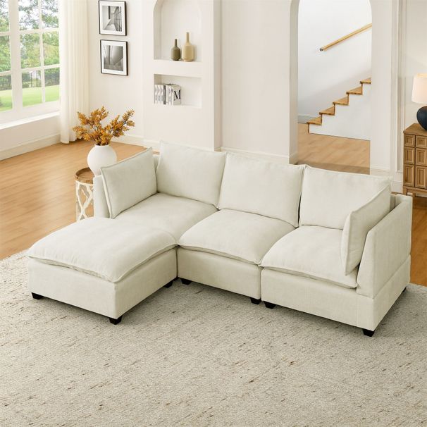 Convertible Sectional Sofa Couch With Ottoman, Cloud Couch 3 Seat L Shaped Sofa With Padded Armrests, Cloud Sofa For Living Room, Apartment And Office, Beige(Beige White)_maomaolike.com