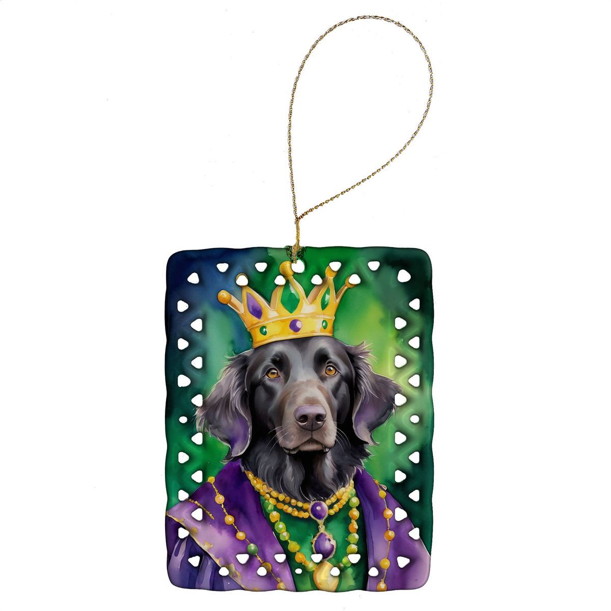 Flat-Coated Retriever King Of Mardi Gras Porcelain Ornament Christmas Tree Hanging Decorations For Home Christmas Holiday, Rectangle, Gift, Multicolor_maomaolike.com