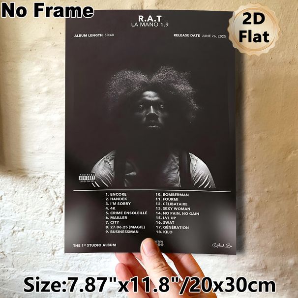 R.A.T LA MANO 1.9 Album Tracklist Painting Poster, Dark Monochrome Portrait With Tracklist Poster, Stylish Music-themed Wall Decor For Home Music_maomaolike.com