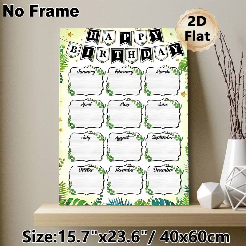 Birthday Tracker Painting Poster, Fresh Greenery Themed Poster With Monthly Blank Frames & "Happy Birthday" Banner, Practical For Recording Birthdays_maomaolike.com