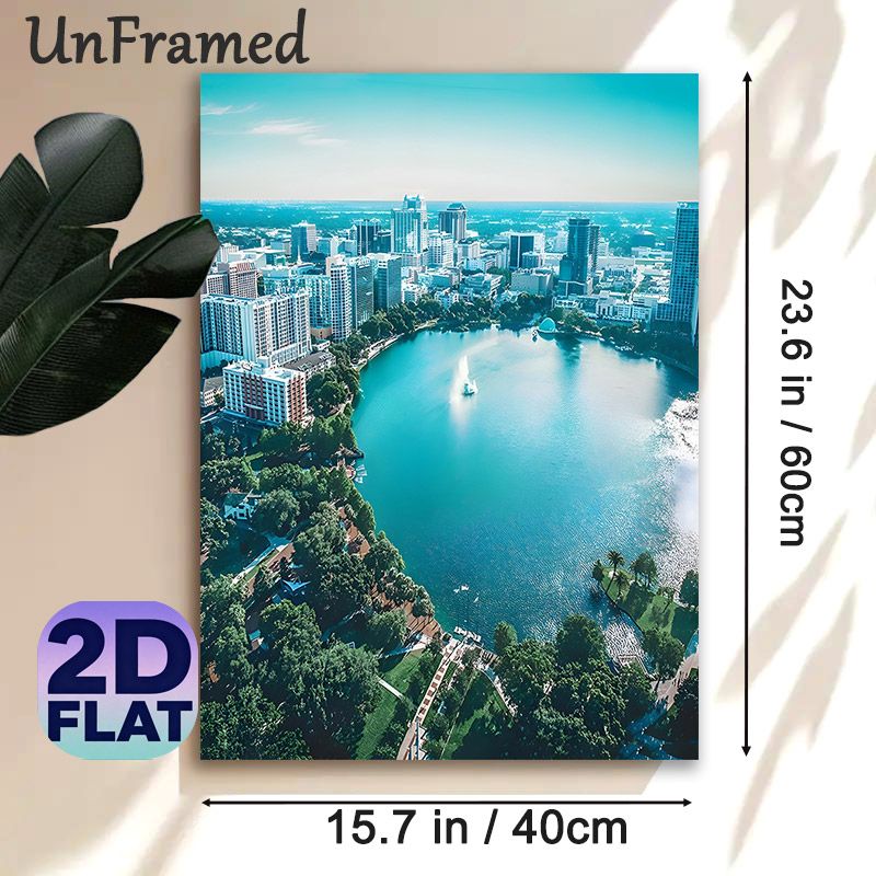 Urban Lakeside Cityscape Painting Poster, Vibrant Aerial View Modern City With Lake & Fountain Poster, Serene Urban Scenery Ideal For Home Office_maomaolike.com