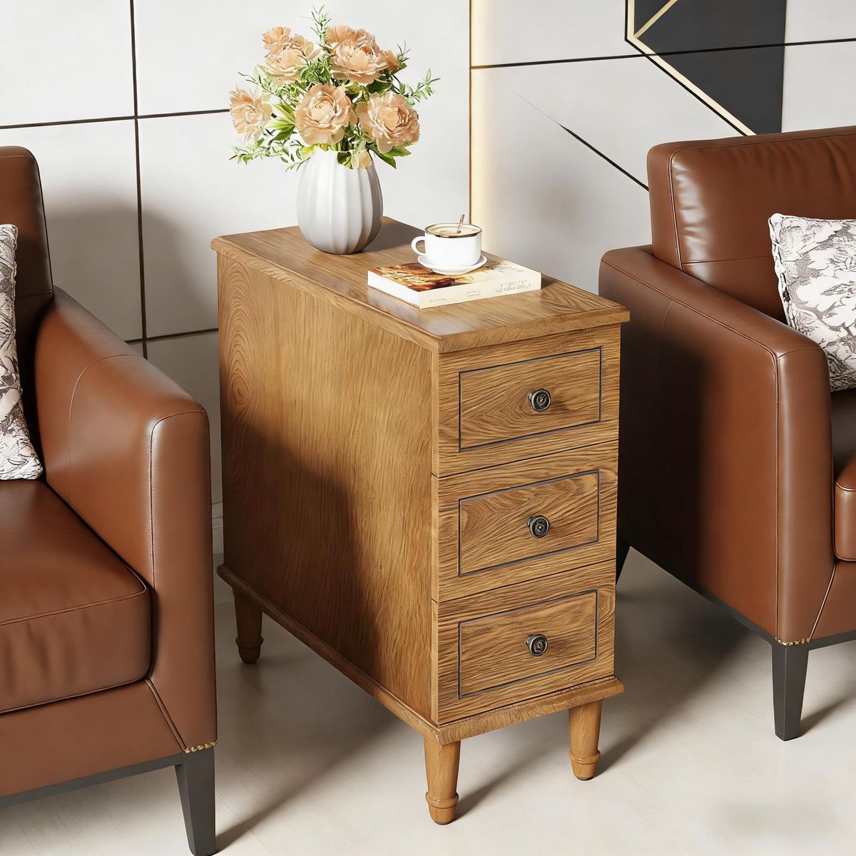 Wood Nightstand, Fully Assembled Narrow Side Table With 3 Drawers_maomaolike.com