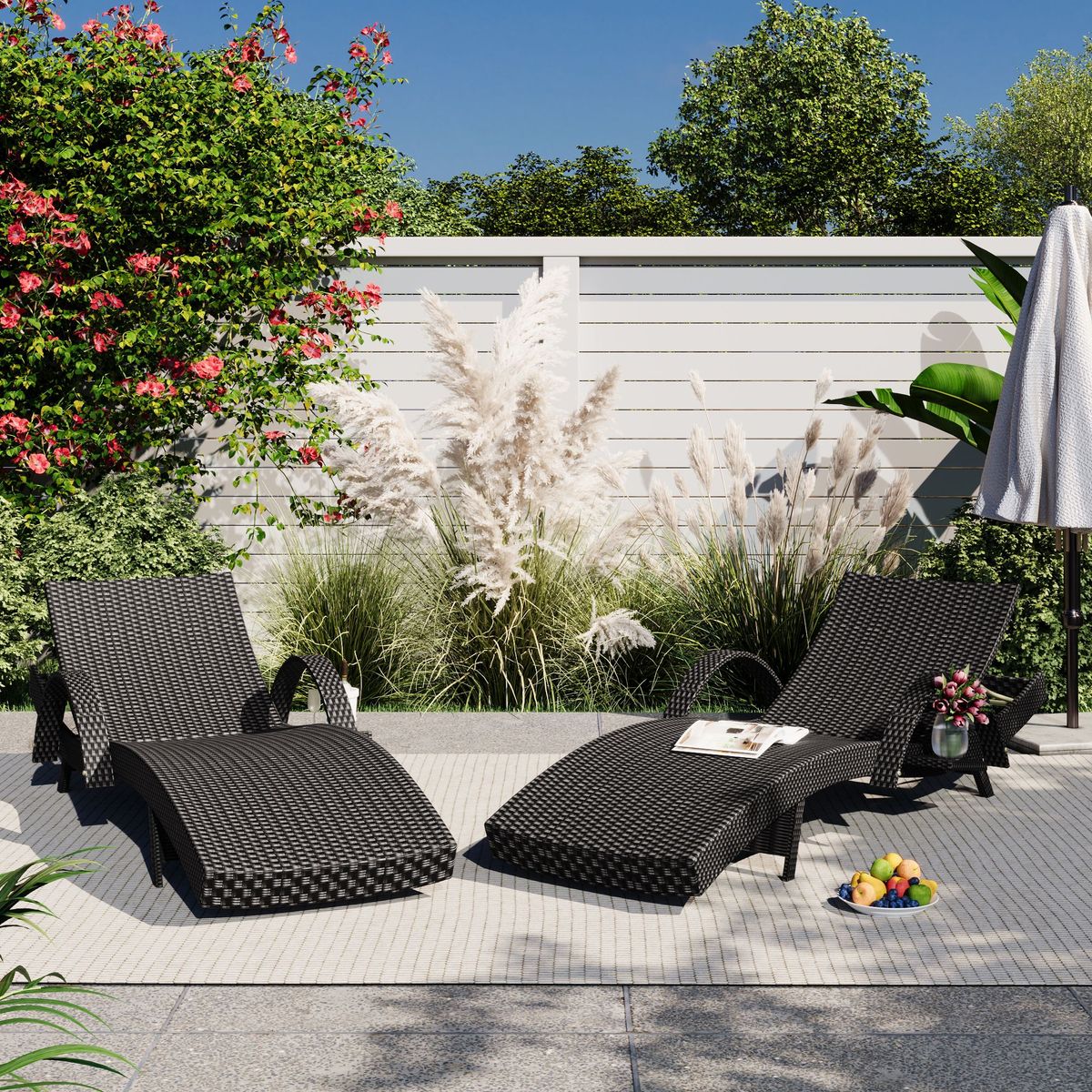 80'' Outdoor Wicker Chaise Lounge Chairs Set Of 2, Patio Rattan Reclining Chair Pull-out Side Table Adjustable Backrest Ergonomic Wave Design Pool Sunbathing Recliners_maomaolike.com