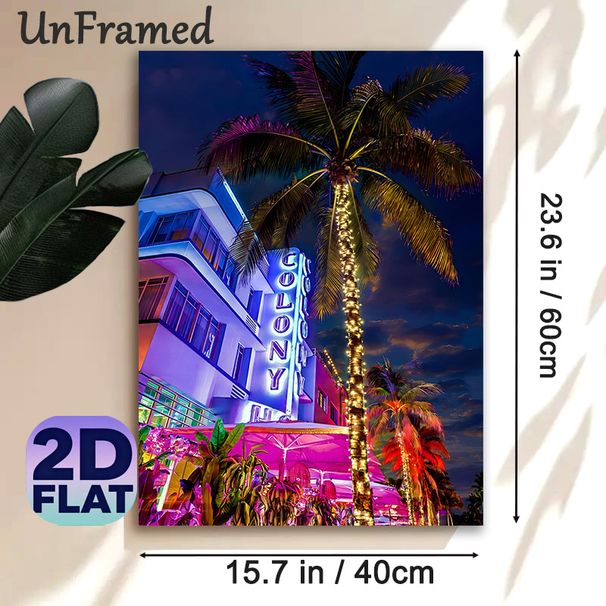 Neon Coastal Hotel Night View Painting Poster, Vibrant Retro Neon-lit Scene Poster, Eye-catching Colorful Resort With String-lighted Palm Trees_maomaolike.com