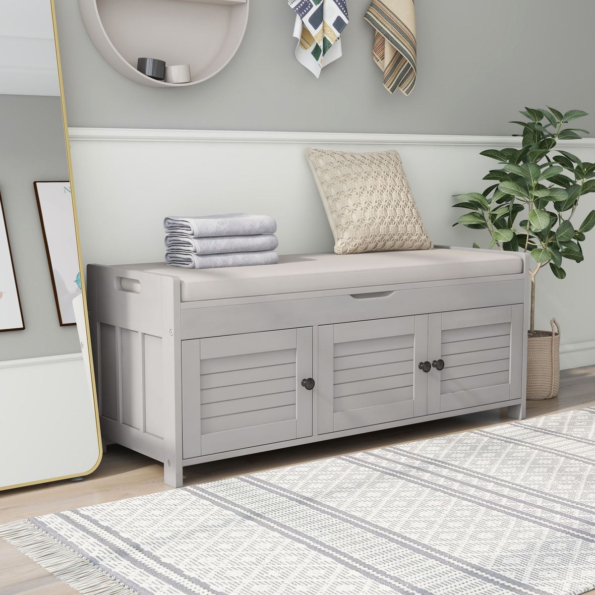 Storage Bench With 3 Shutter-shaped Doors,Shoe Bench With Removable Cushion And Hidden Storage Space_maomaolike.com