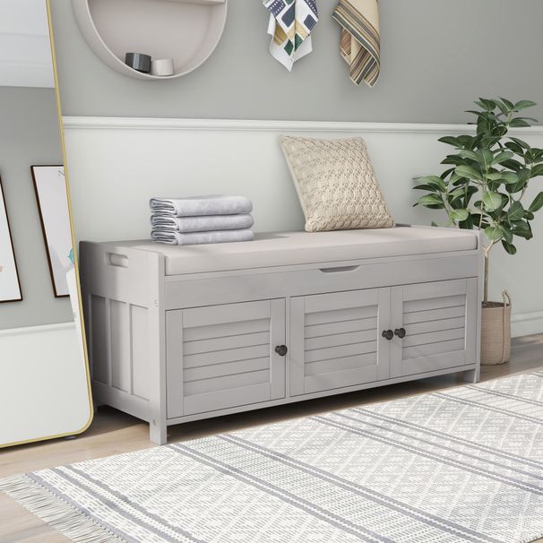 Storage Bench With 3 Shutter-shaped Doors,Shoe Bench With Removable Cushion And Hidden Storage Space_maomaolike.com