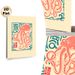 Octopus Themed Painting Poster, Vintage Block Print Style Coral-red Octopus Poster, Artistic Oriental-inspired Wall Decor Suitable For Living Room_maomaolike.com