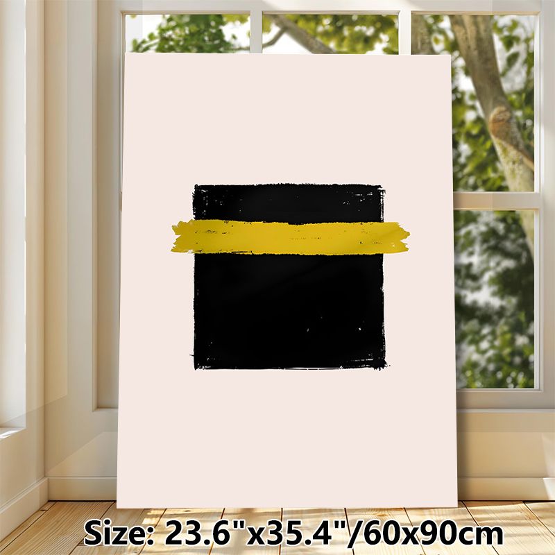 Minimalist Abstract Geometric Painting Poster, Bold Black Brushstroke Square With Yellow Stripe Poster, Sleek Modern Wall Decor Ideal For Living Room_maomaolike.com