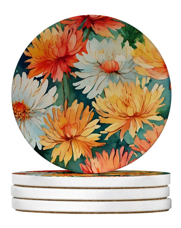 Chrysanthemums In Watercolor Large Sandstone Coasters Pack Of 4 Absorbent Round Coasters Decor Gifts For Men Or Women, 4 In, Multicolor_maomaolike.com