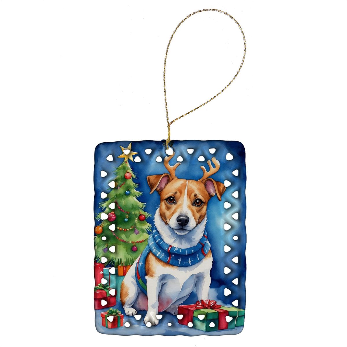 Jack Russell Terrier Christmas Reindeer Porcelain Ornament Christmas Tree Hanging Decorations For Home Christmas Holiday, Rectangle, Gift, Multicolor_maomaolike.com