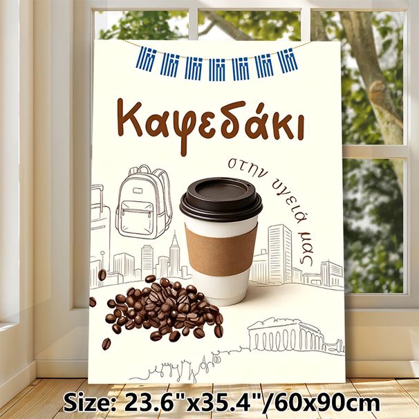 Coffee Themed Painting Poster, Warm Hand-drawn Coffee Cup & Beans With City Sketch Poster, Cozy Coffee-inspired Decor For Café, Kitchen And Office_maomaolike.com