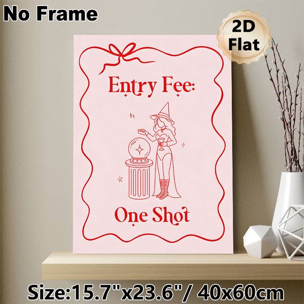 Witch Themed "Entry Fee: One Shot" Painting Poster, Minimalist Red Line Art Poster, Playful Witch With Crystal Ball Design, Fun Party Decor For Home_maomaolike.com