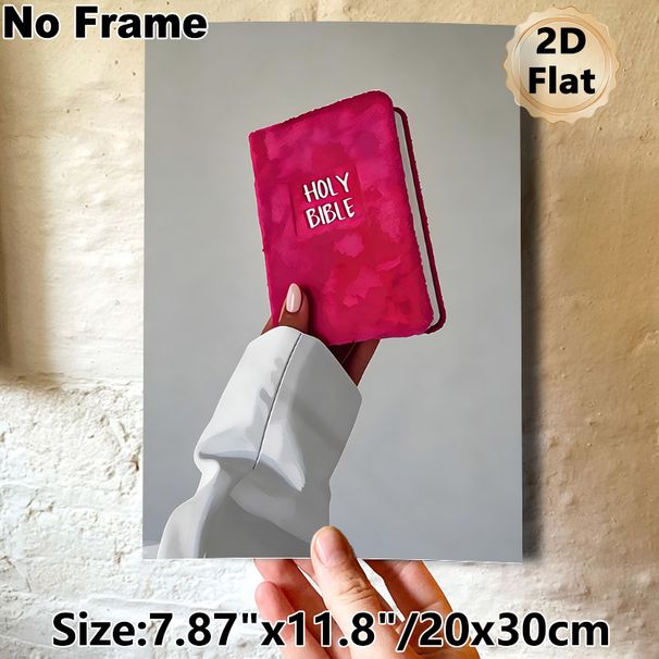 Holy Bible Themed Painting Poster, Vibrant Artistic Hand Holding Pink Holy Bible Poster, Faith-inspired Decor Ideal For Home, Prayer Room And_maomaolike.com