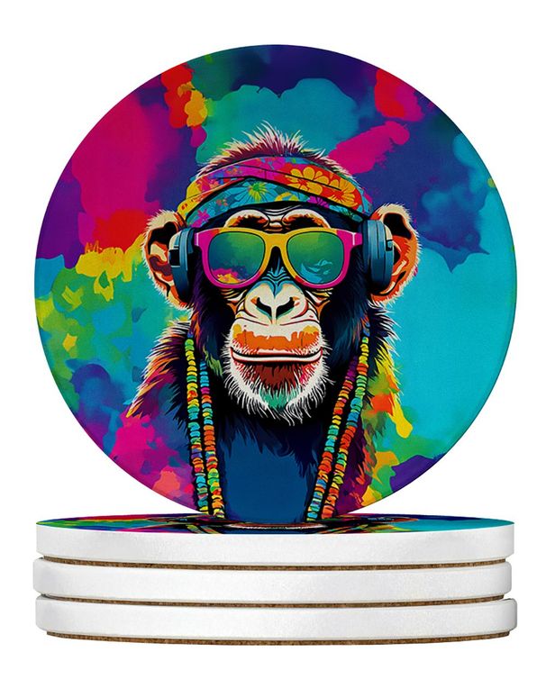 Hippie Animal Chimpanzee Large Sandstone Coasters Pack Of 4 Absorbent Round Coasters Decor Gifts For Men Or Women, 4 In, Multicolor_maomaolike.com
