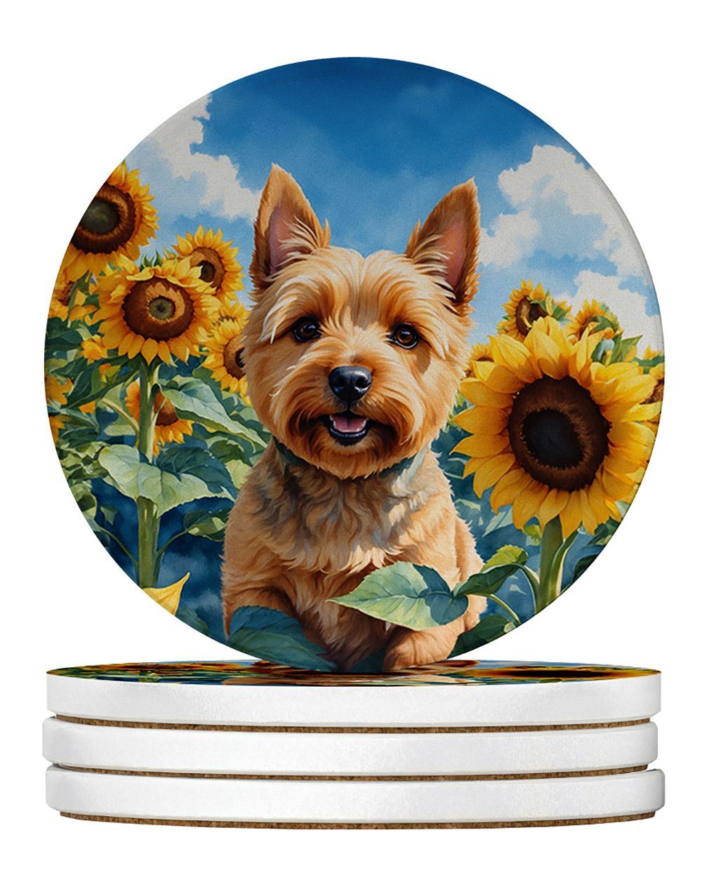Norwich Terrier In Sunflowers Large Sandstone Coasters Pack Of 4 Absorbent Round Coasters Decor Gifts For Men Or Women, 4 In, Multicolor_maomaolike.com