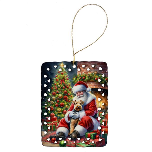 Lakeland Terrier And Santa Claus Porcelain Ornament Christmas Tree Hanging Decorations For Home Christmas Holiday, Rectangle, Gift, Multicolor_maomaolike.com