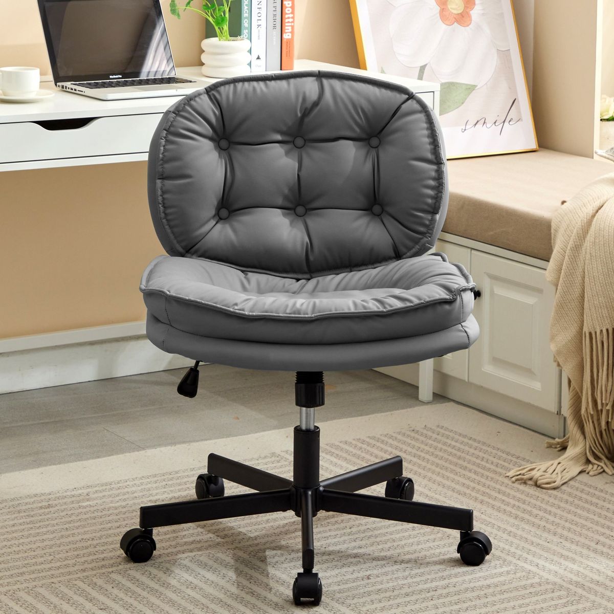 Armless Adjustable Swivel Office Chair With Wheels, PU Leather Cross-Legged Task Chair For Home, Office, Small Spaces_maomaolike.com