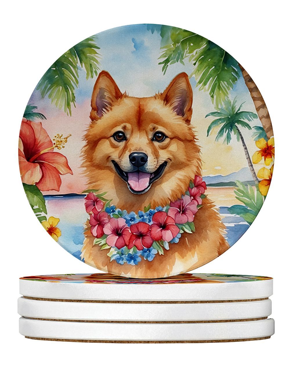 Finnish Spitz Luau Large Sandstone Coasters Pack Of 4 Absorbent Round Coasters Decor Gifts For Men Or Women, 4 In, Multicolor_maomaolike.com